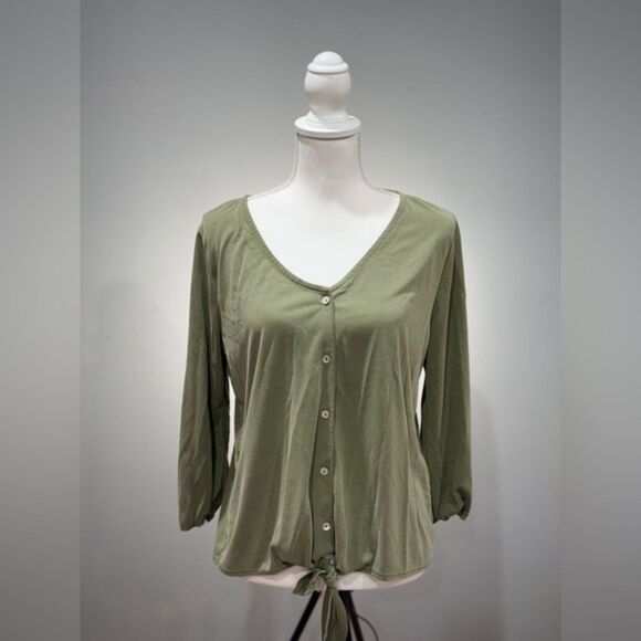 Olive Green Envelope Button Down Tie Top Size L EUC - Picture 1 of 6
